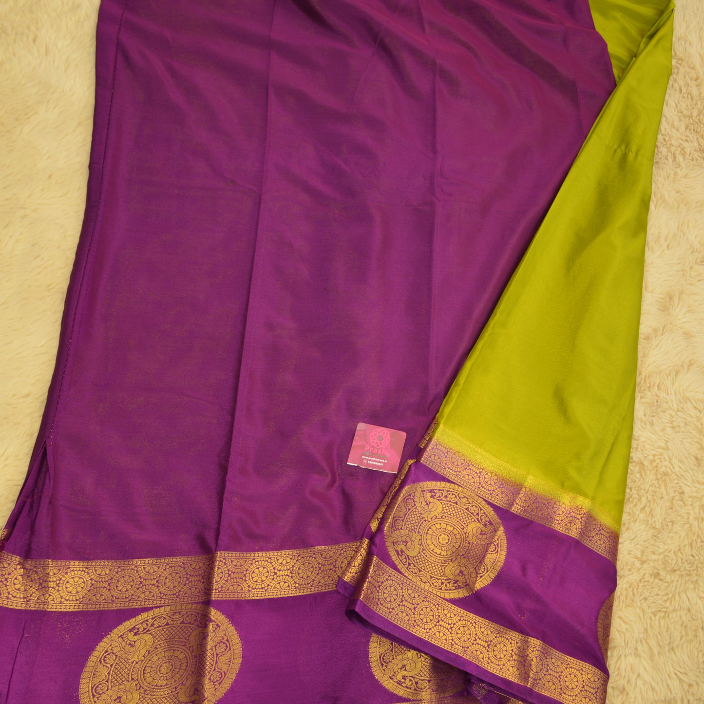 Mehandi green with purple semi mysore crepe bentex butta saree