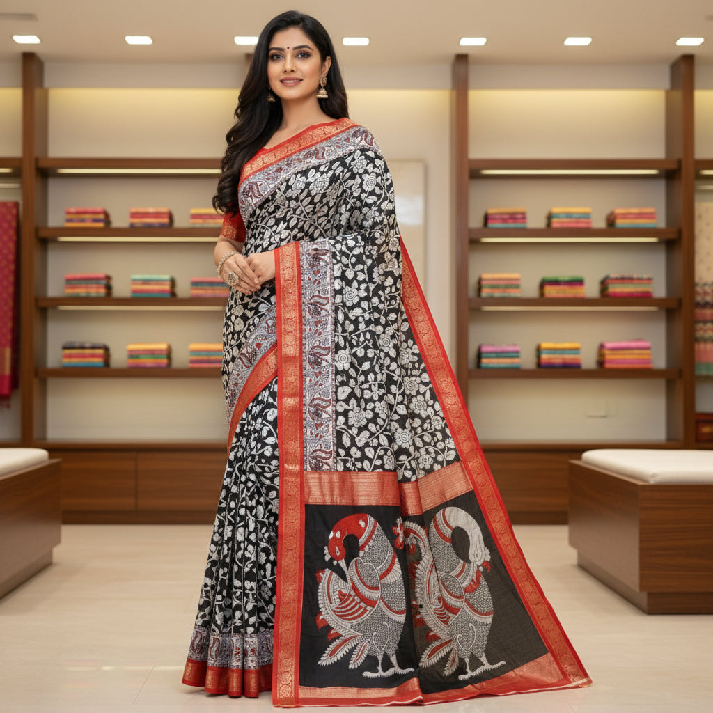 Black with red contrast kalamkari soft cotton saree