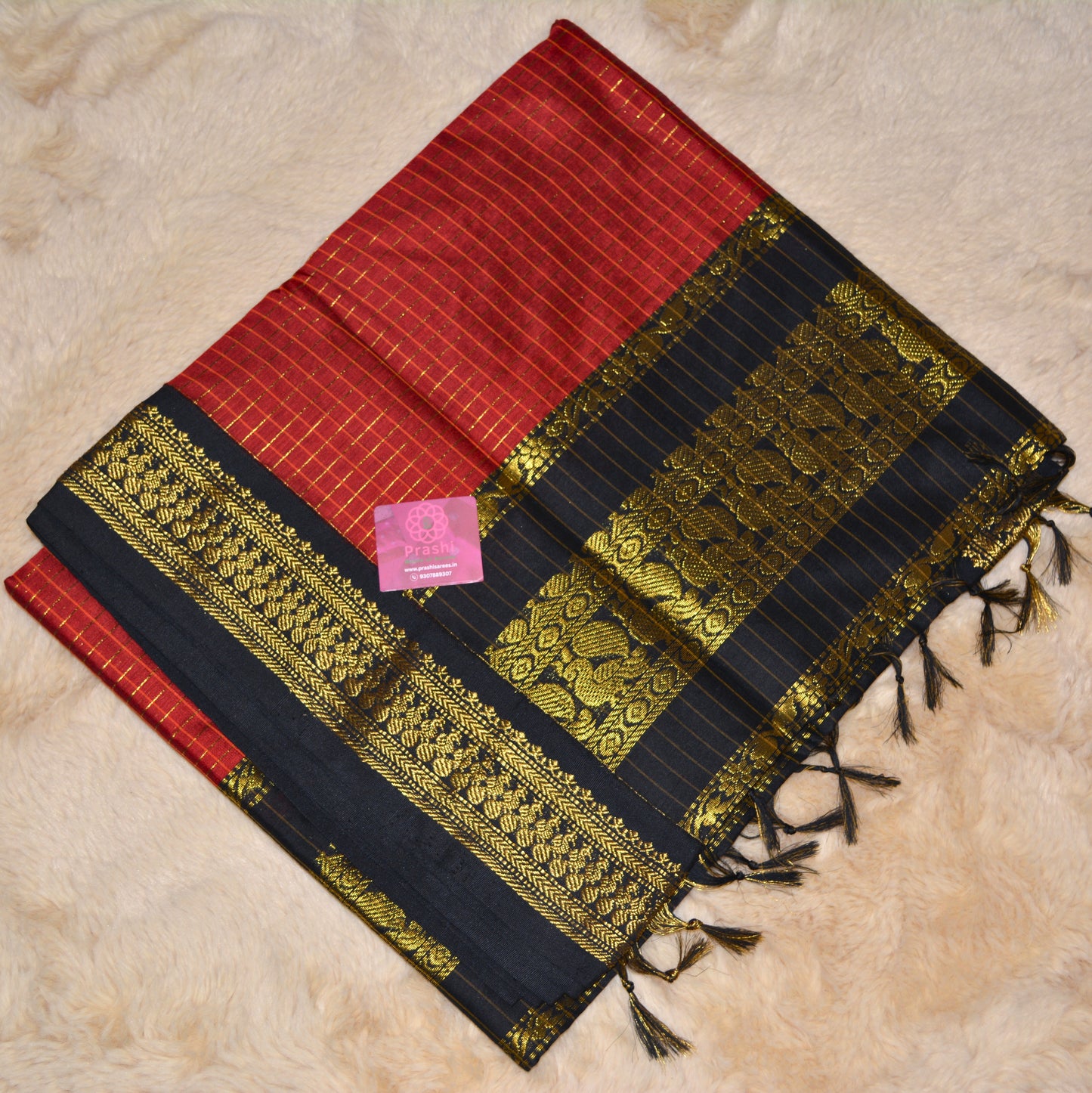 Brick red checks Kalyani cotton saree