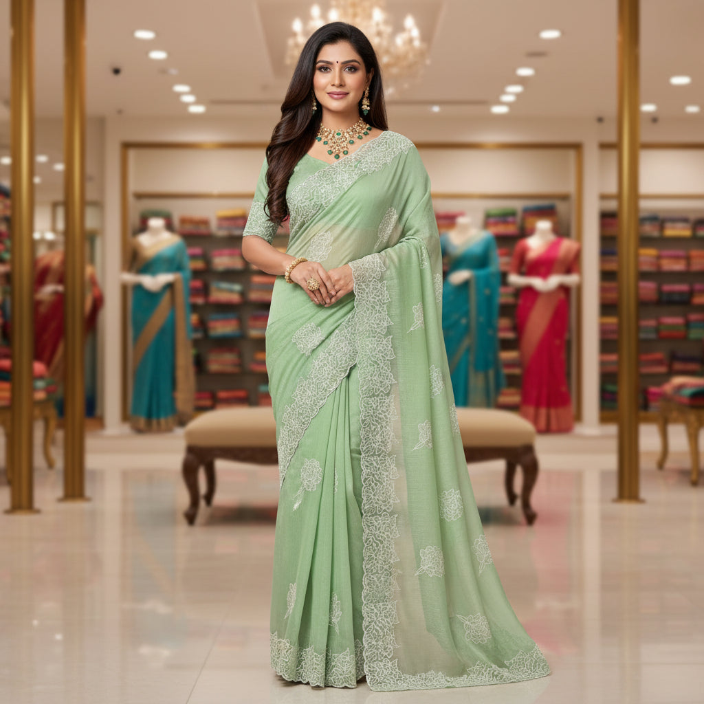 Pastel green crush chiffon floral embroidery saree