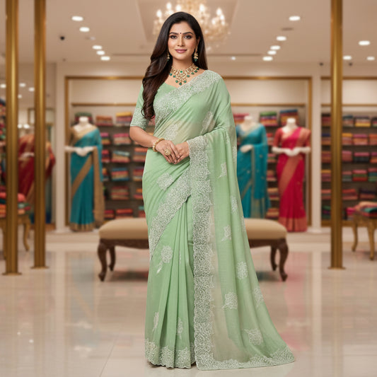 Pastel green crush chiffon floral embroidery saree