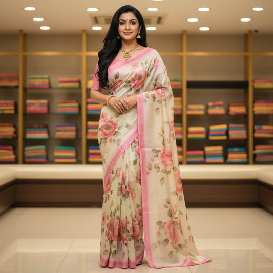 Half white with pink tussar silk saree