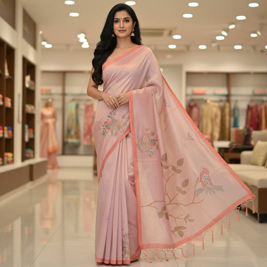 Pastel orange tissue applique work saree