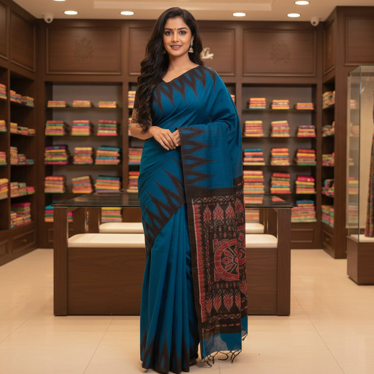 Peacock blue Handloom manibanbandha ikkat cotton saree