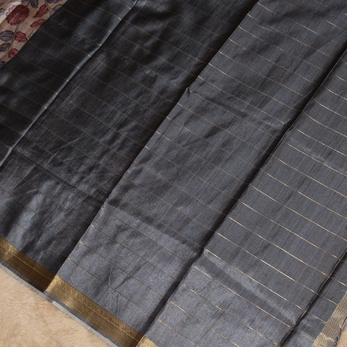 Grey tussar checks kalamkari saree