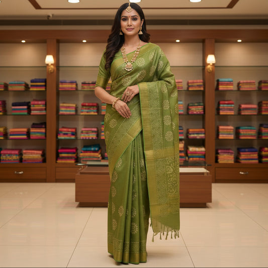 Green moonga silk batik printed saree