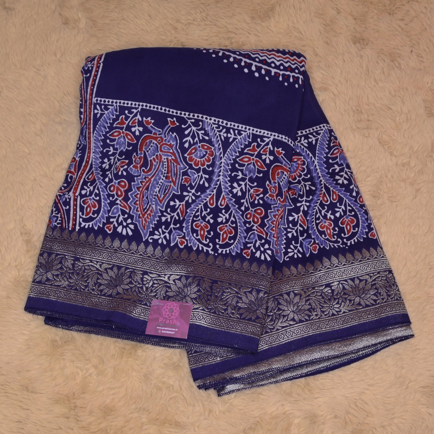 Navy blue ajrakh handblock printed dola silk saree