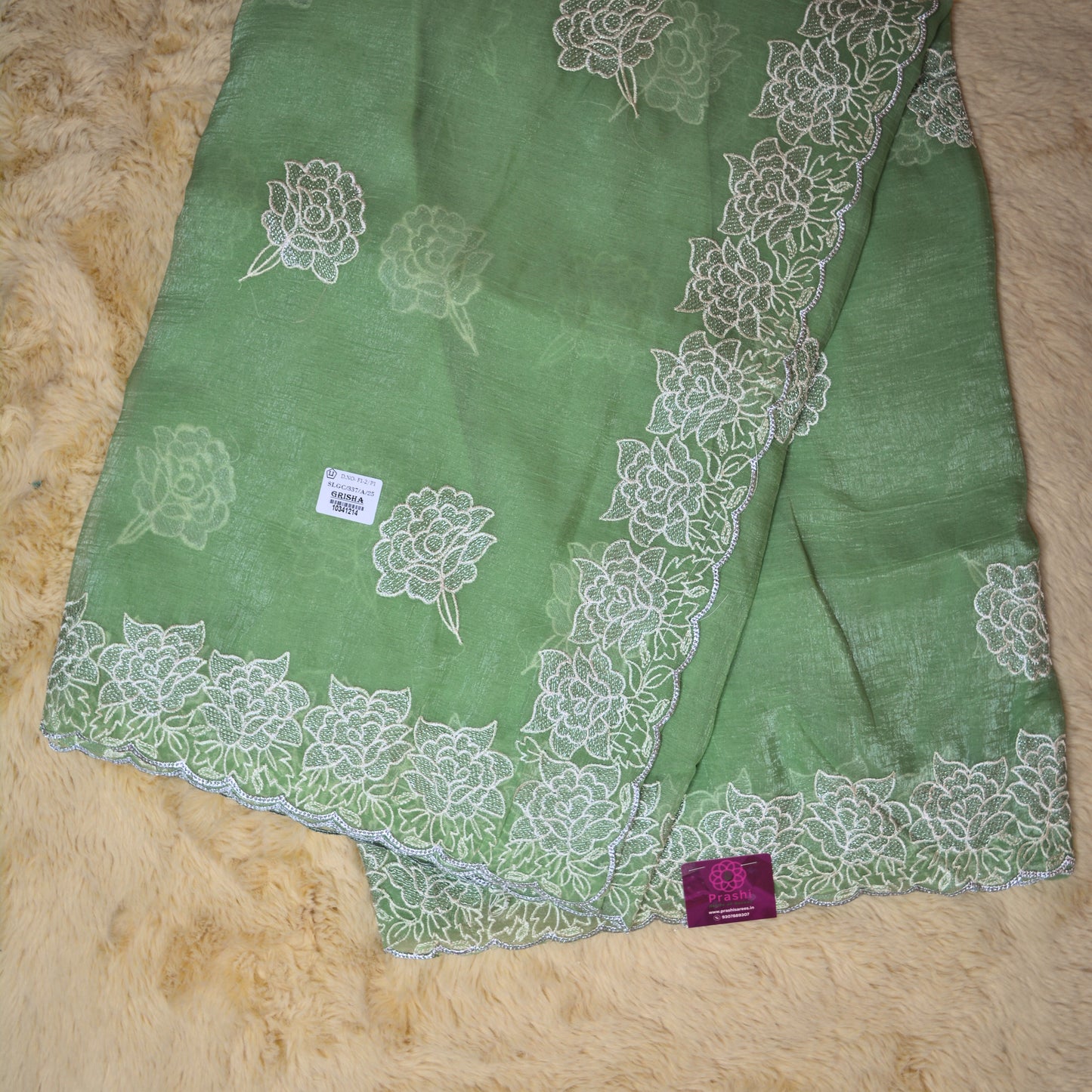 Pastel green crush chiffon floral embroidery saree