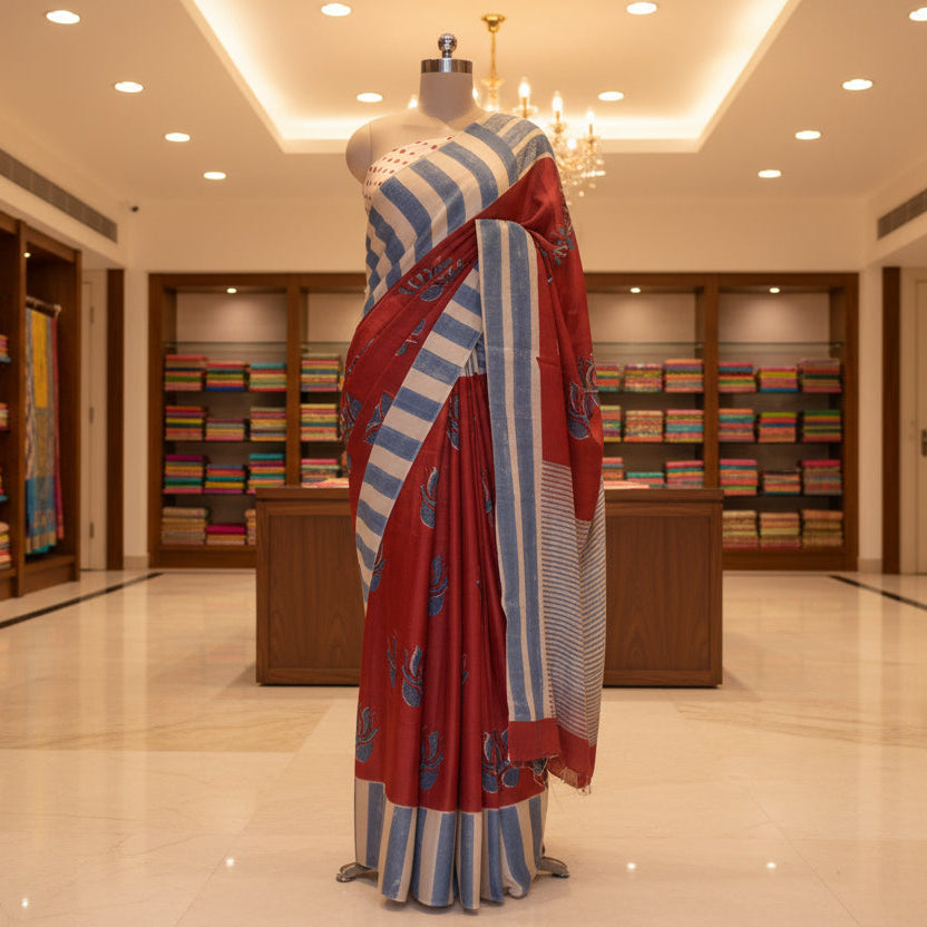 Red Bagru handblock printed pure modal silk saree