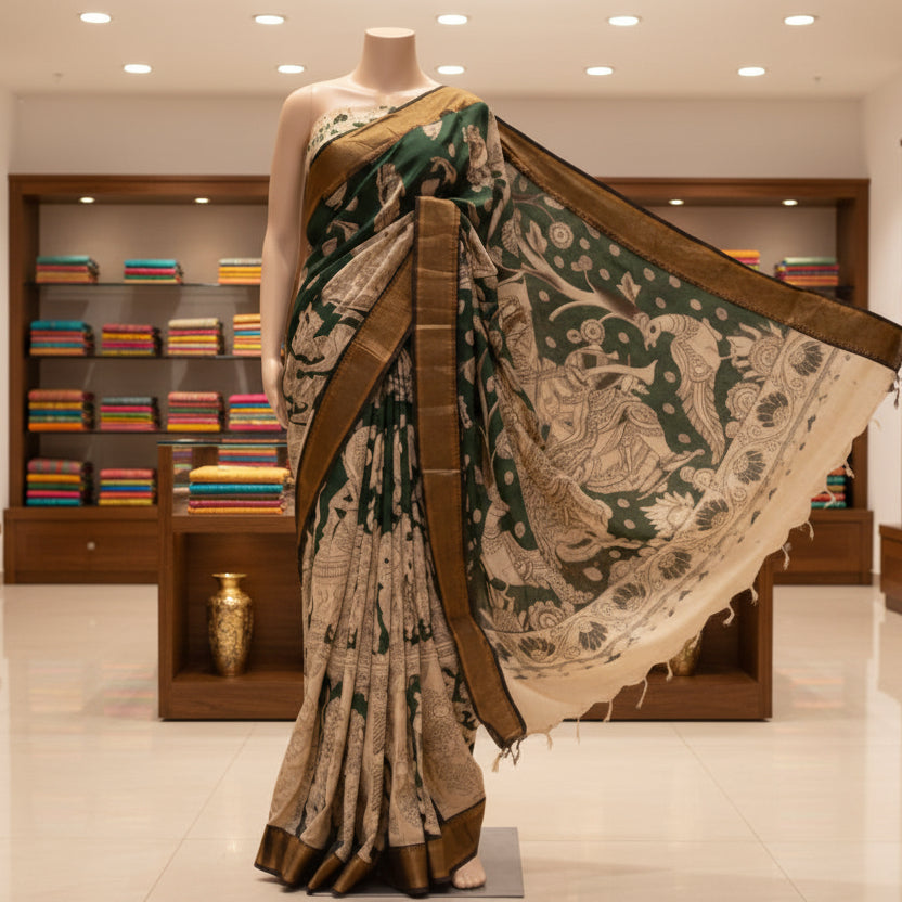 Green chennur silk kalamkari saree