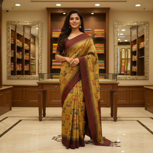 golden and maroon kalyani cotton digital print saree