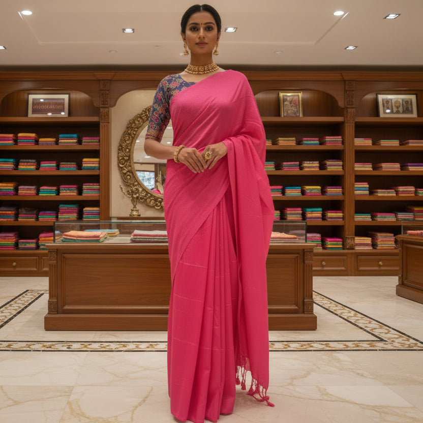 pink khadi cotton saree-kalamkari blouse