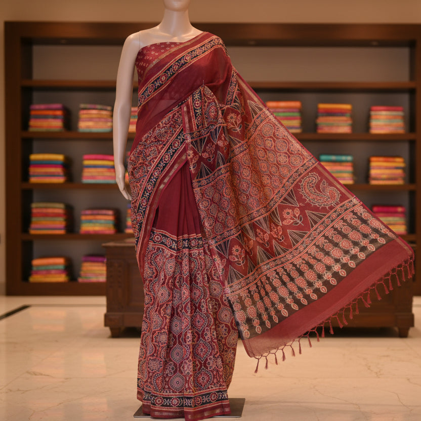 Maroon ajrakh handblock printed chanderi silk cotton saree