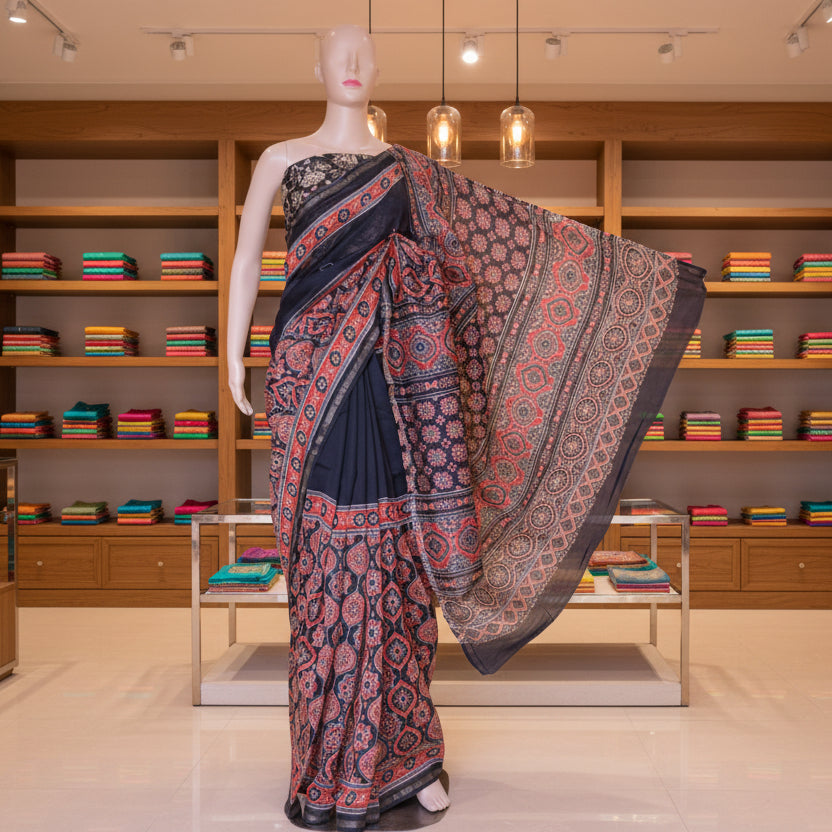 Black ajrakh handblock printed chanderi silk cotton saree