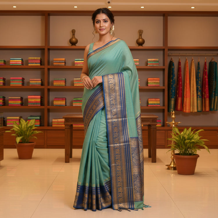 Sky blue and dark blue long border kanchi cotton saree