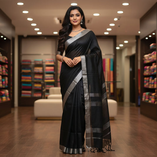 black khadi cotton silver border saree