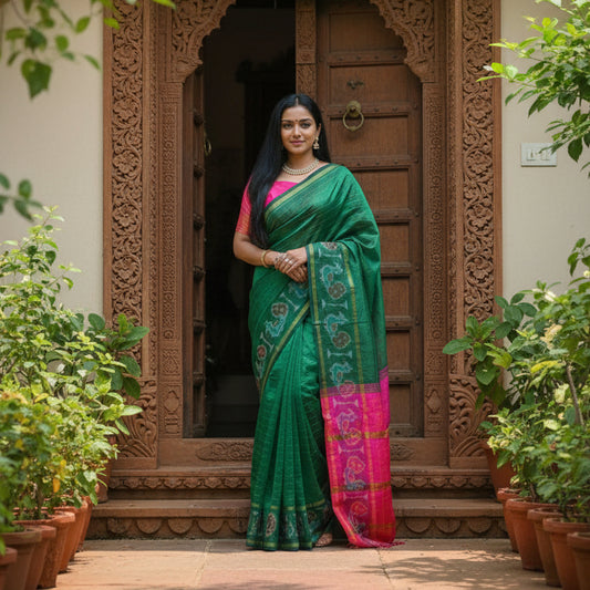 Bottle Green venkatagiri silk cotton checks saree
