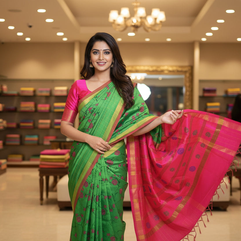 Green and pink venkatagiri silk cotton printed saree