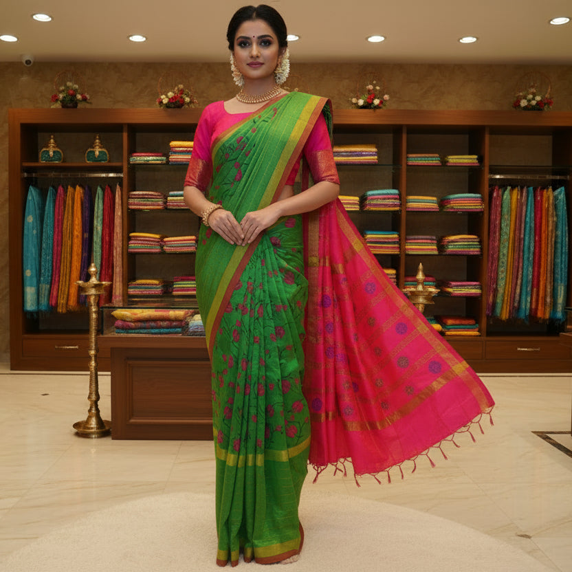 Green and pink venkatagiri silk cotton printed saree