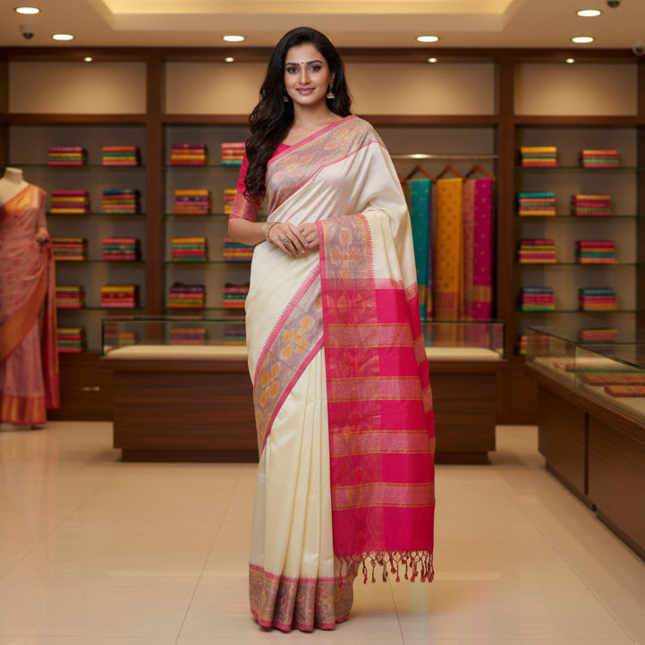 Half white and pink venkatagiri silk cotton saree