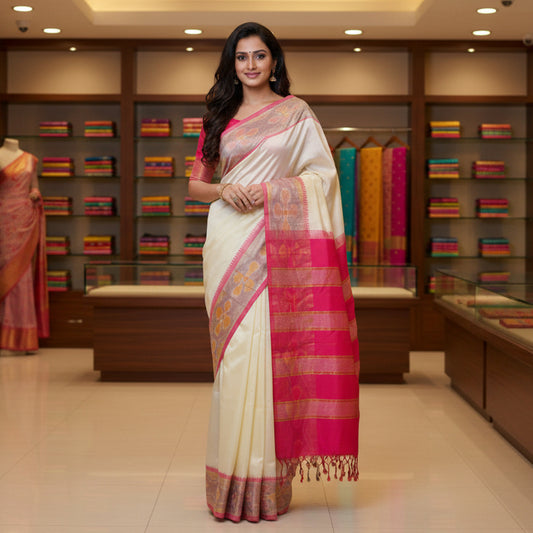 Half white and pink venkatagiri silk cotton saree