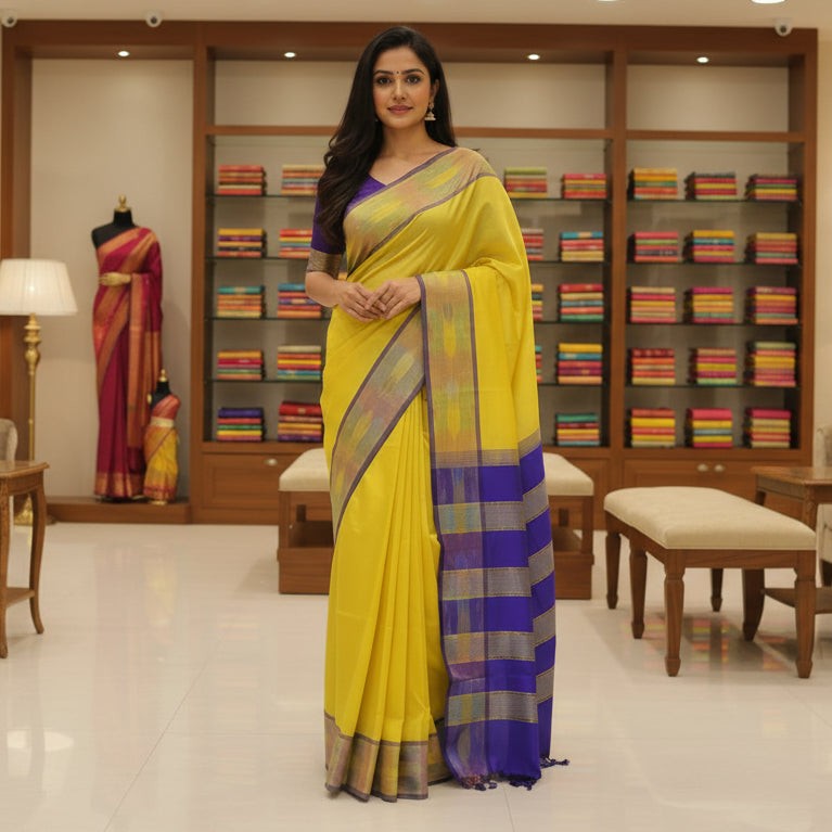 Yellow and blue venkatagiri silk cotton saree