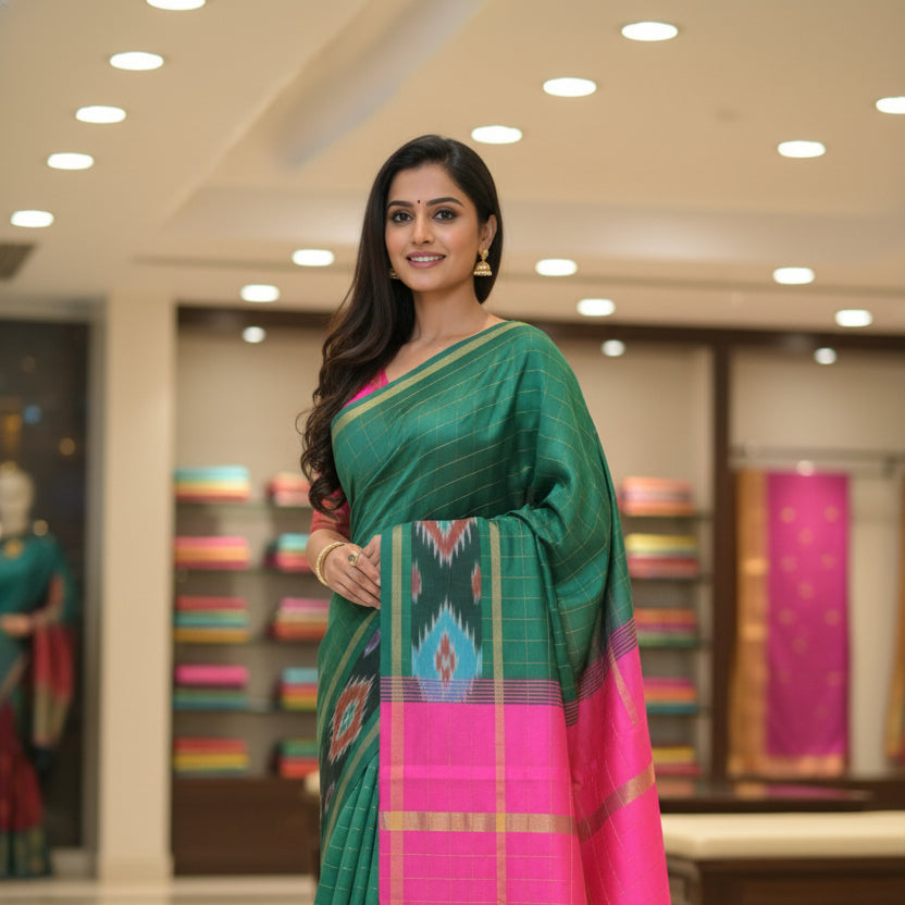 Bottle green venkatagiri silk cotton checks saree