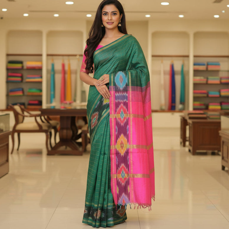 Bottle green venkatagiri silk cotton checks saree