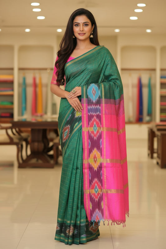 Bottle green venkatagiri silk cotton checks saree