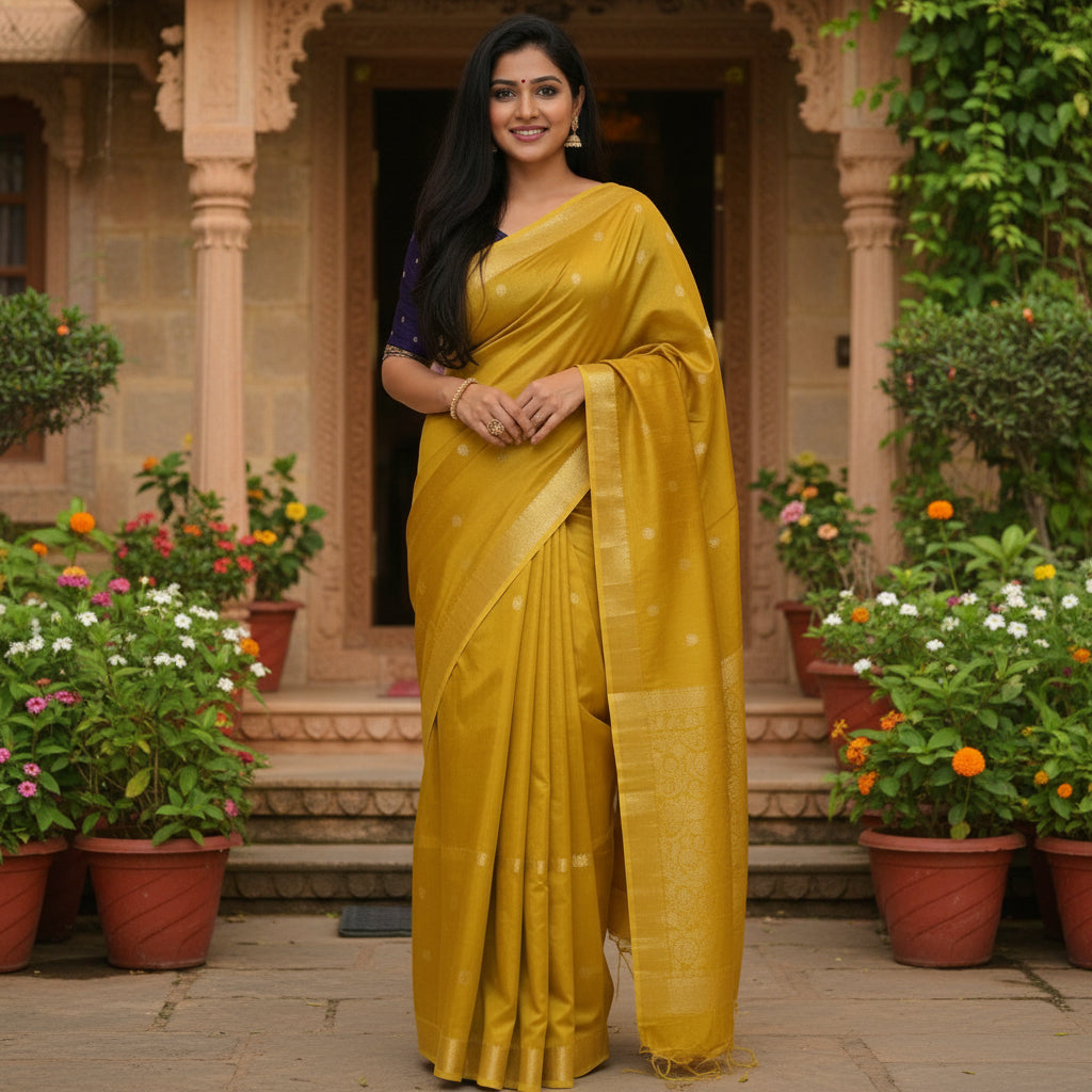 Yellow viscose crepe saree
