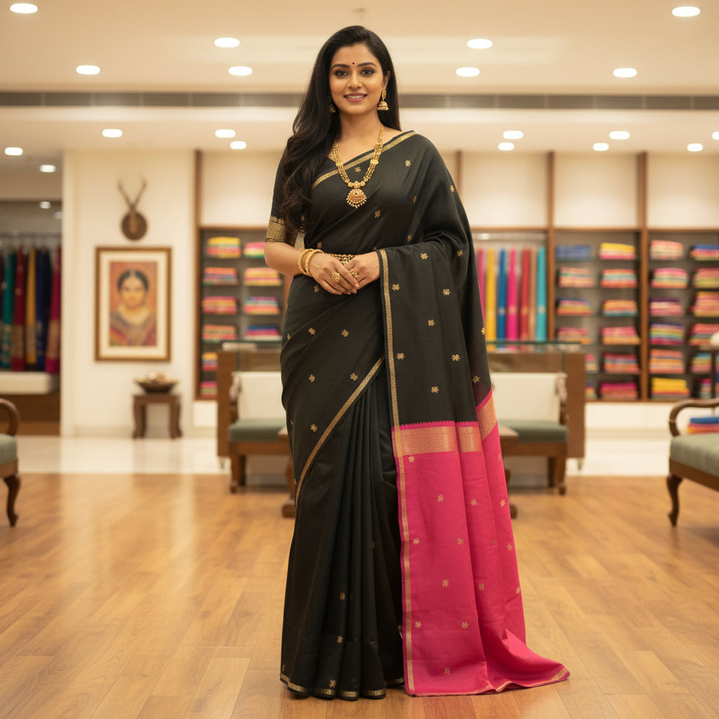 Black and pink maheshwari silk cotton saree
