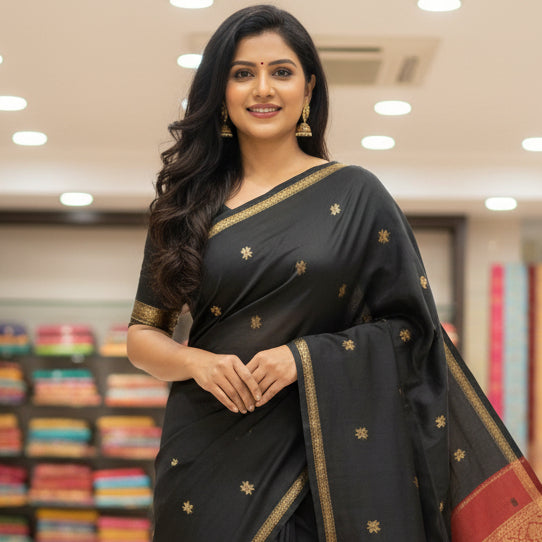 Black maheshwari silk cotton saree