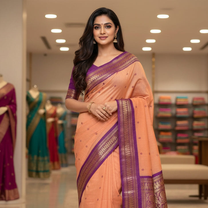 light orange with purple contrast kalyani cotton border saree