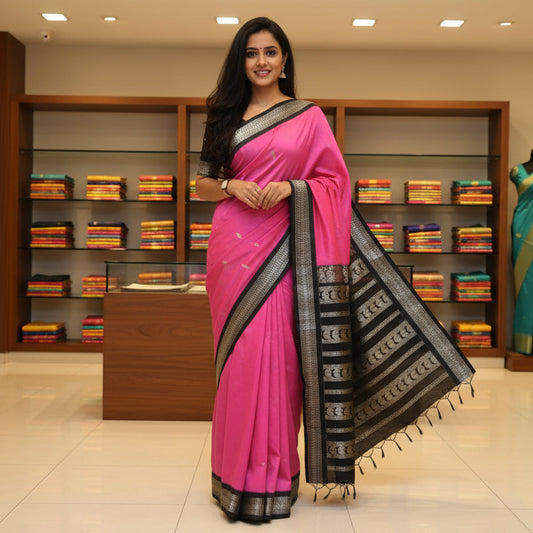 pink with black kalyani cotton border saree