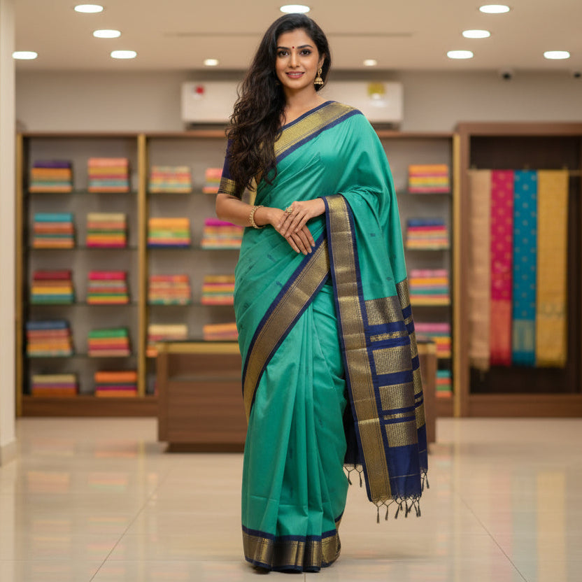 teal blue with blue kalyani cotton border saree