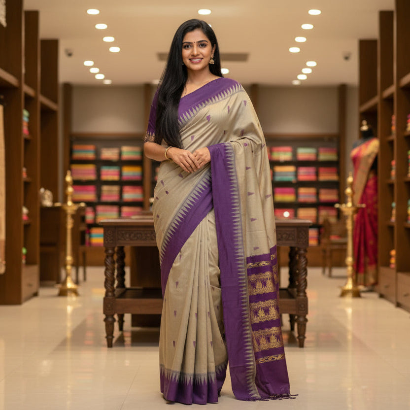 grey with purple contrast kalyani cotton border saree
