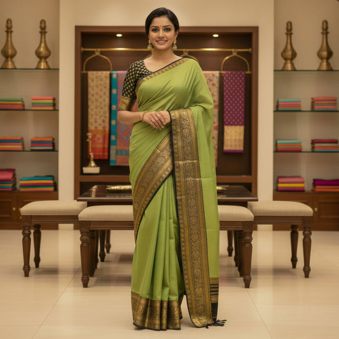 Green and black long border kanchi cotton saree