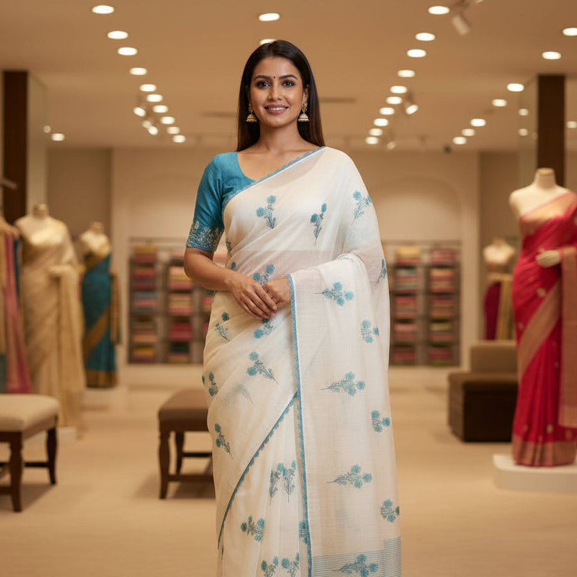 White and blue border tissue linen saree