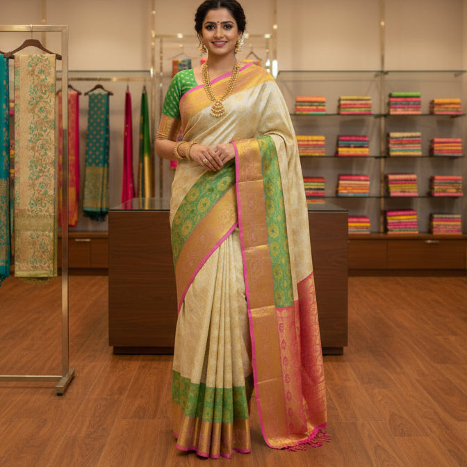 Half-white with green pink border kanchi semi silk saree