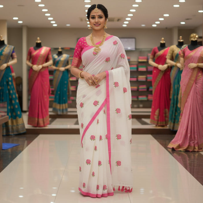 Half-white with pink mul cotton embroidery saree