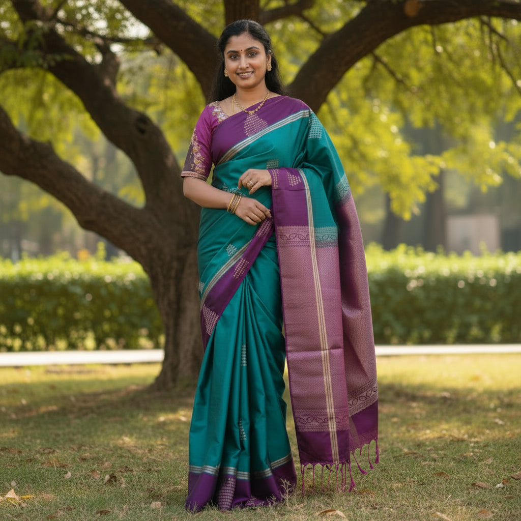 Rama green and purple semi silk temple butta saree