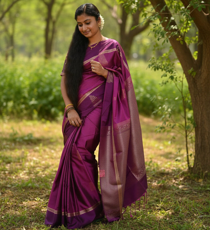 Magenta colour semi silk temple butta saree