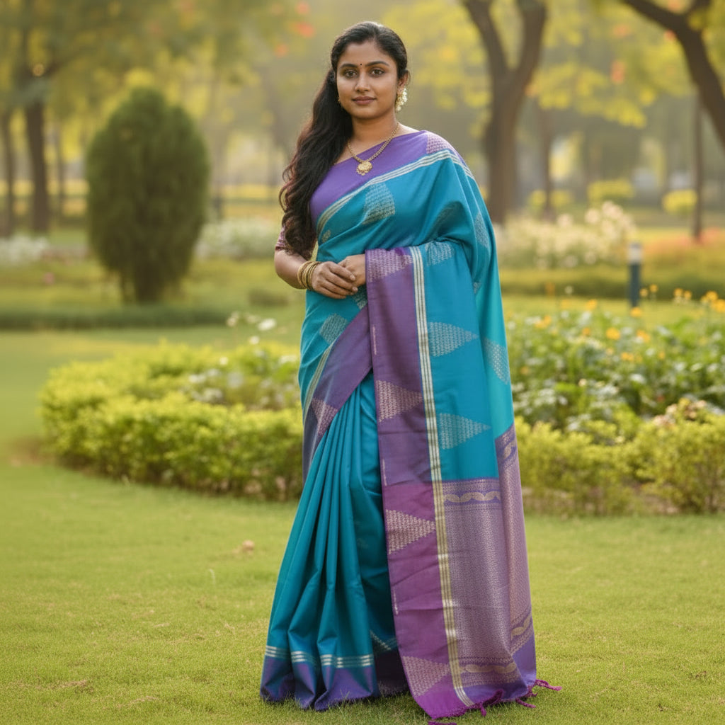 BLUE semi silk temple butta saree