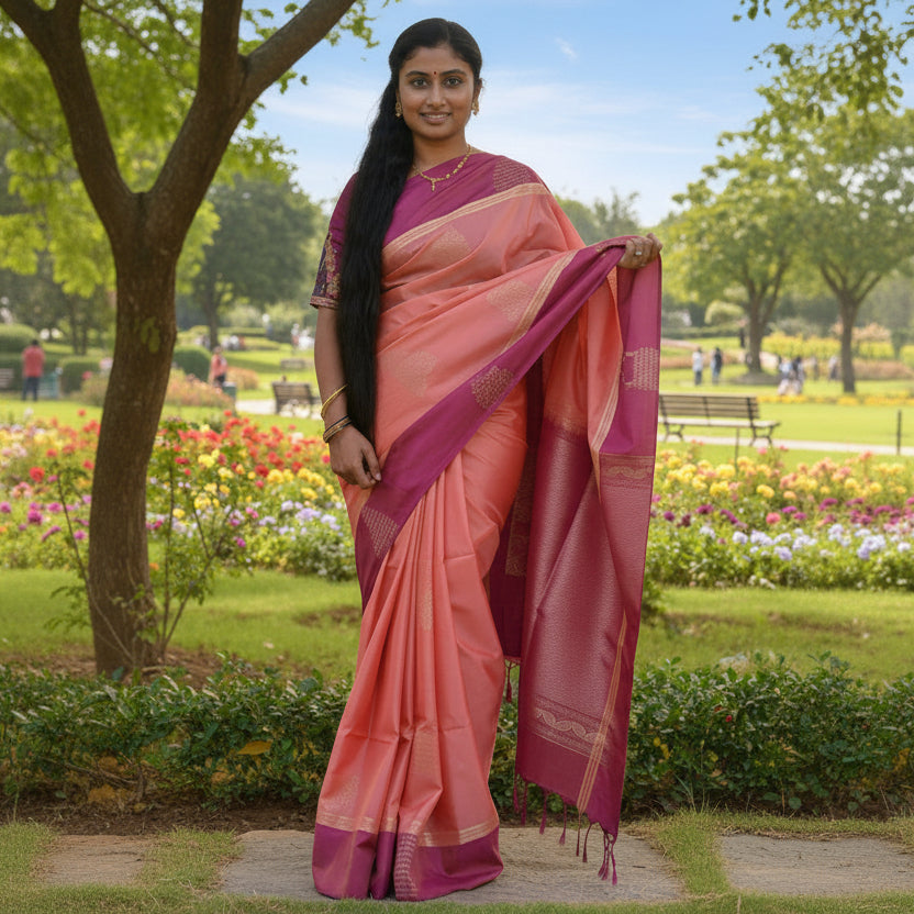 Orange with maroon brown semi silk temple butta saree