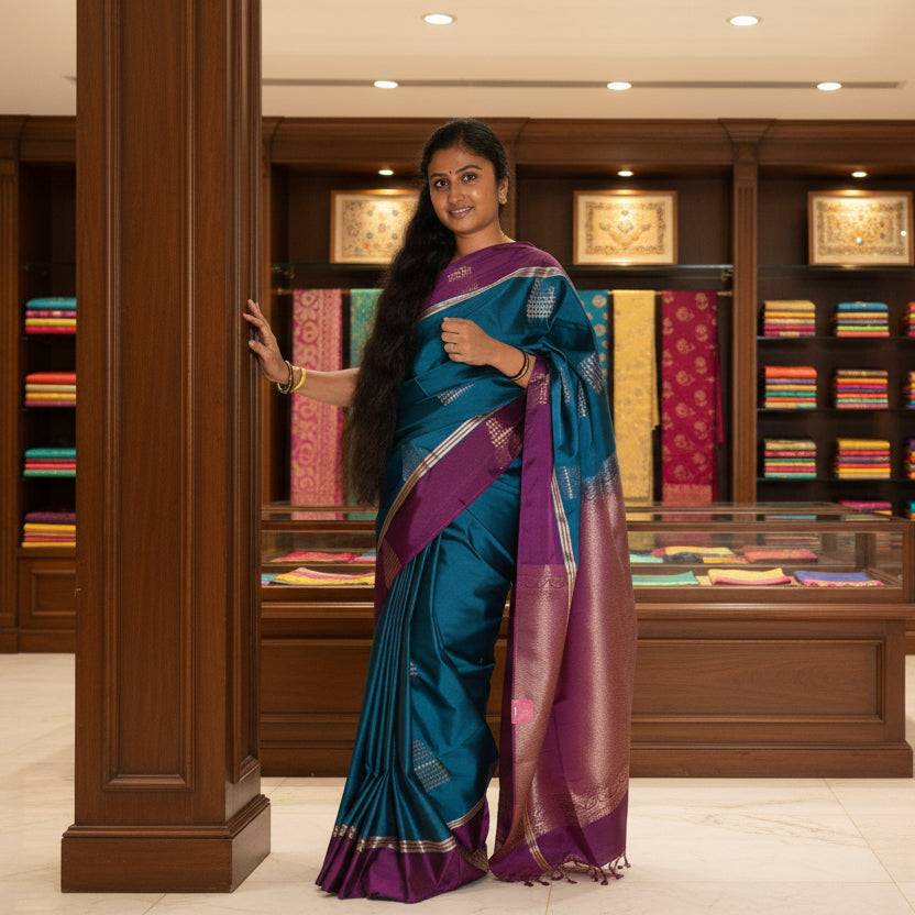 Royal blue semi silk temple butta saree purple contrast