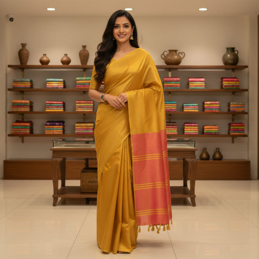 Yellow and pink khadi tissue saree