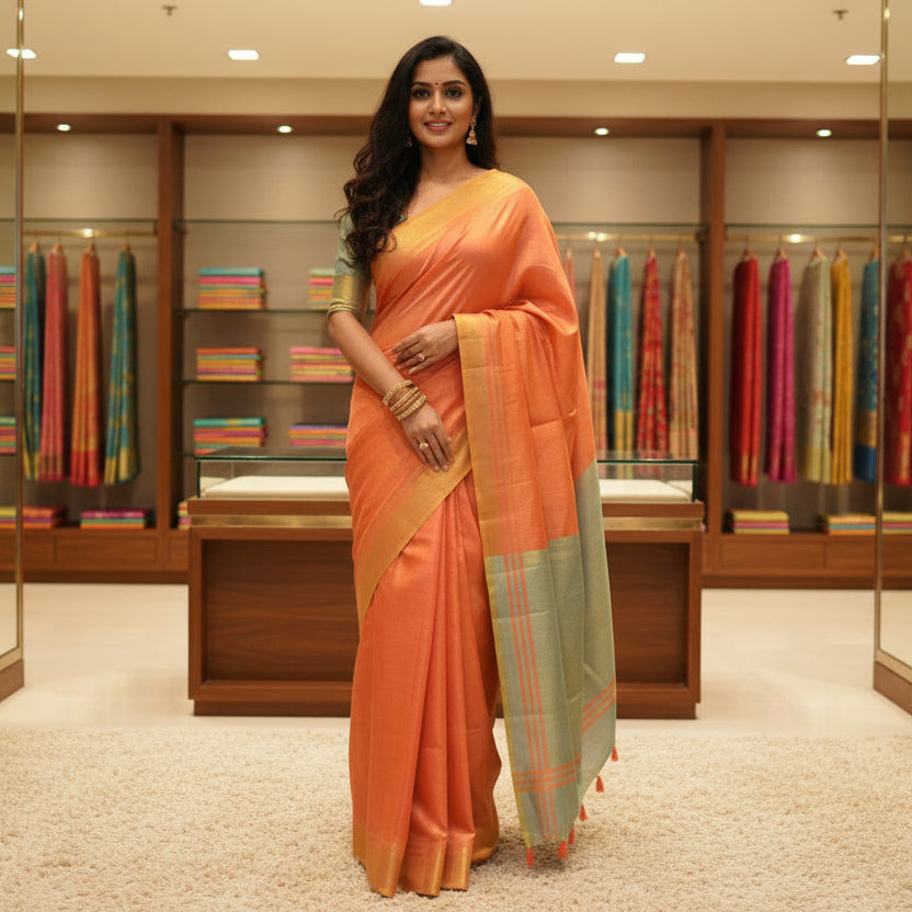 Orange khadi tissue saree