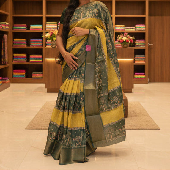 Yellow and green cotton blend kalamkari border