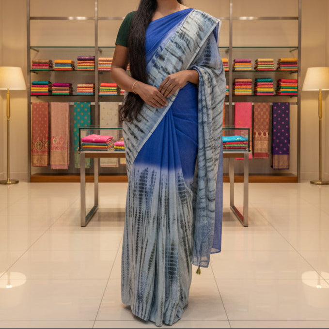 Blue with green linen shibori print saree