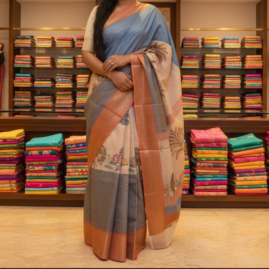 Blue cotton blend kalamkari border saree